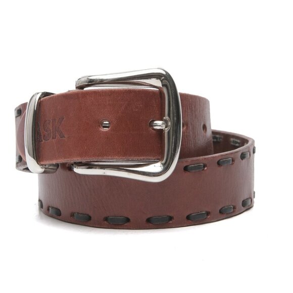 Vintage ASK Leather Belt Single Prong Contrast Trimmed Brown Black Silver Buckle - Picture 11 of 12